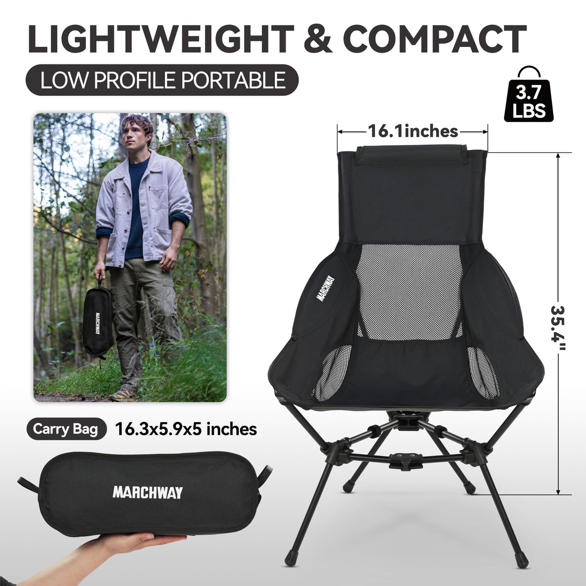 MARCHWAY Lightweight High Back Folding Camping Chair with Head Support