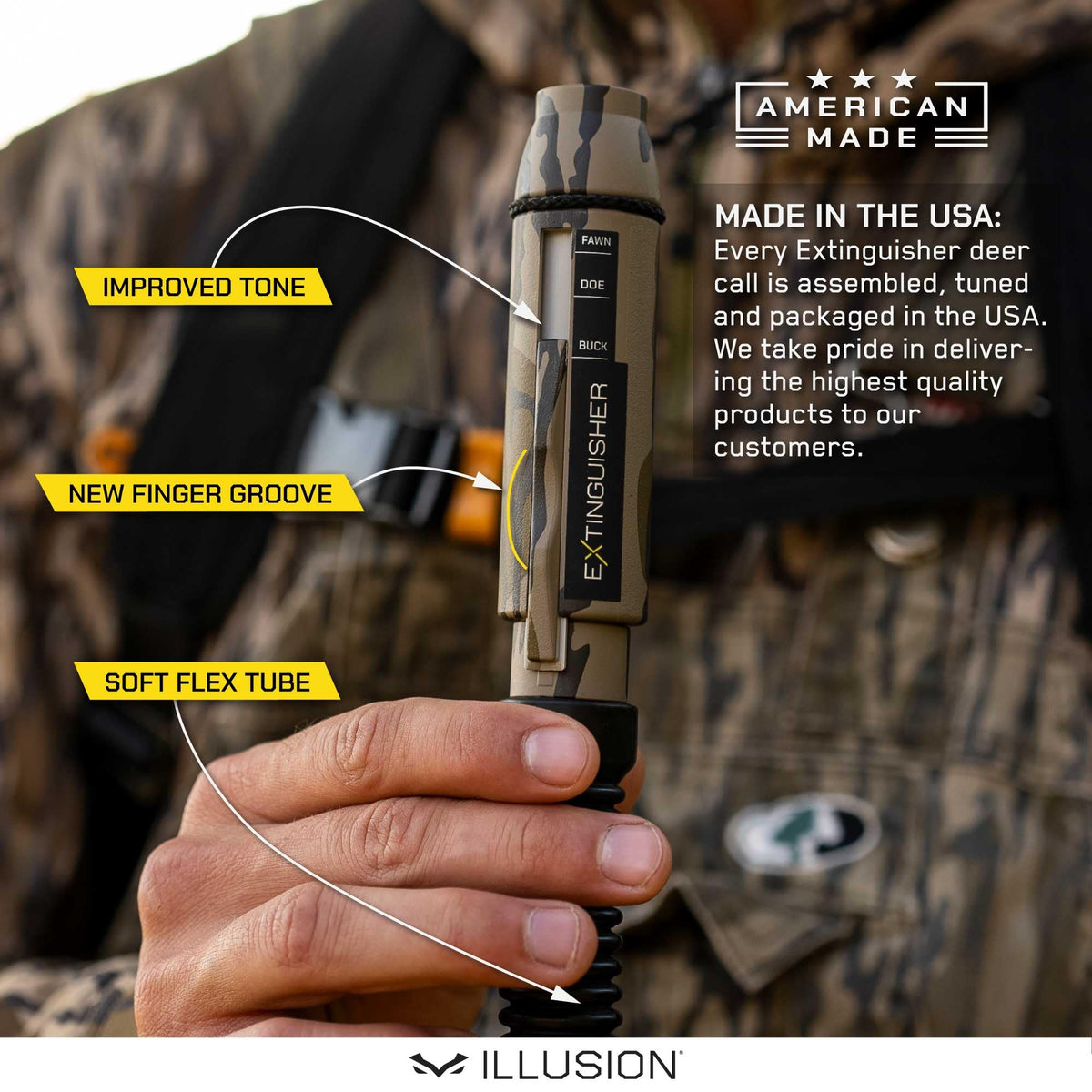 Extinguisher Deer Call by Illusion | Grunt Tube | Buck, Doe, Fawn | Adjustable 10-in-1 Call | Color (CAMO/Black) | Freeze Resistant