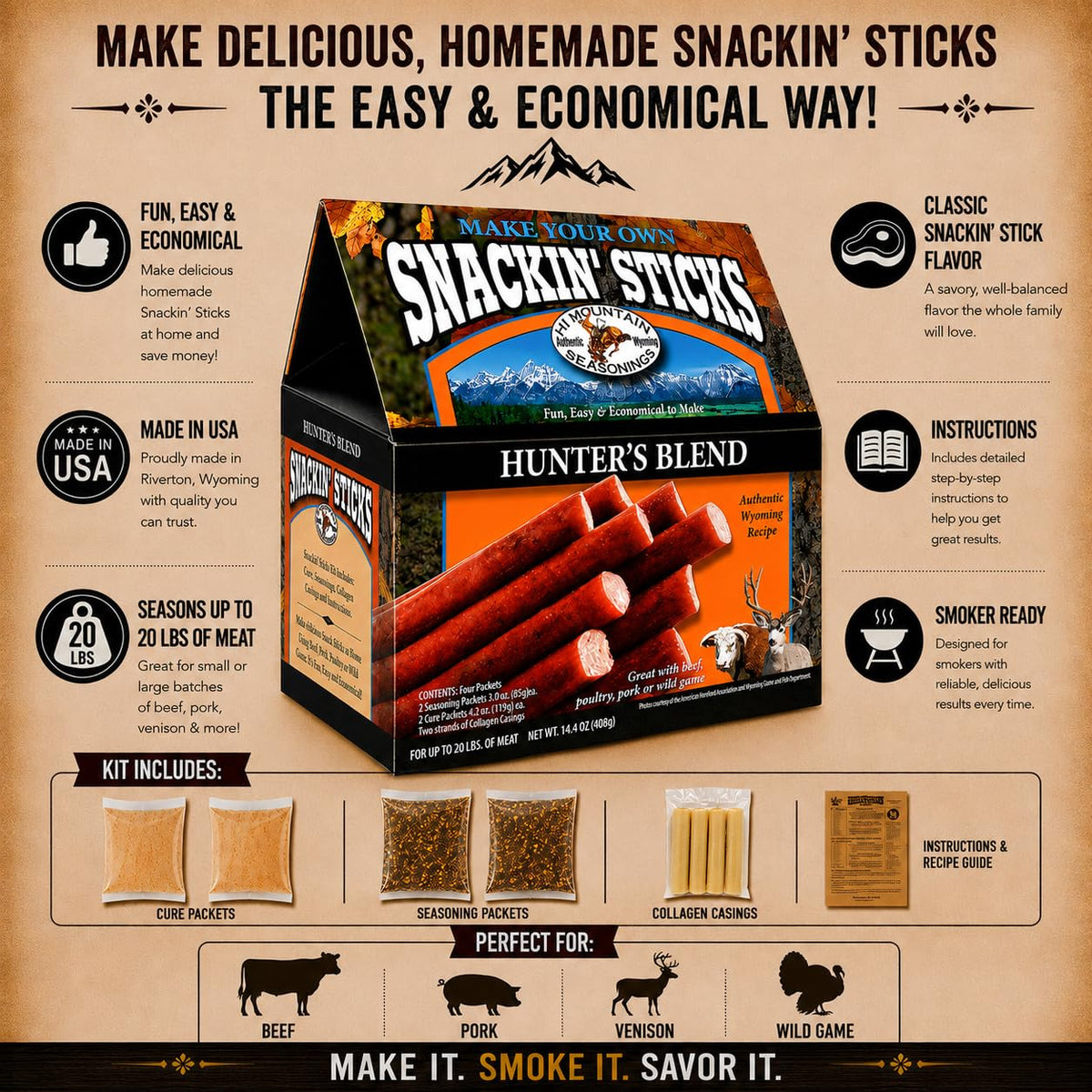 Hi Mountain Snack Stick Seasoning Kit | HUNTER'S BLEND | Makes 20 lbs