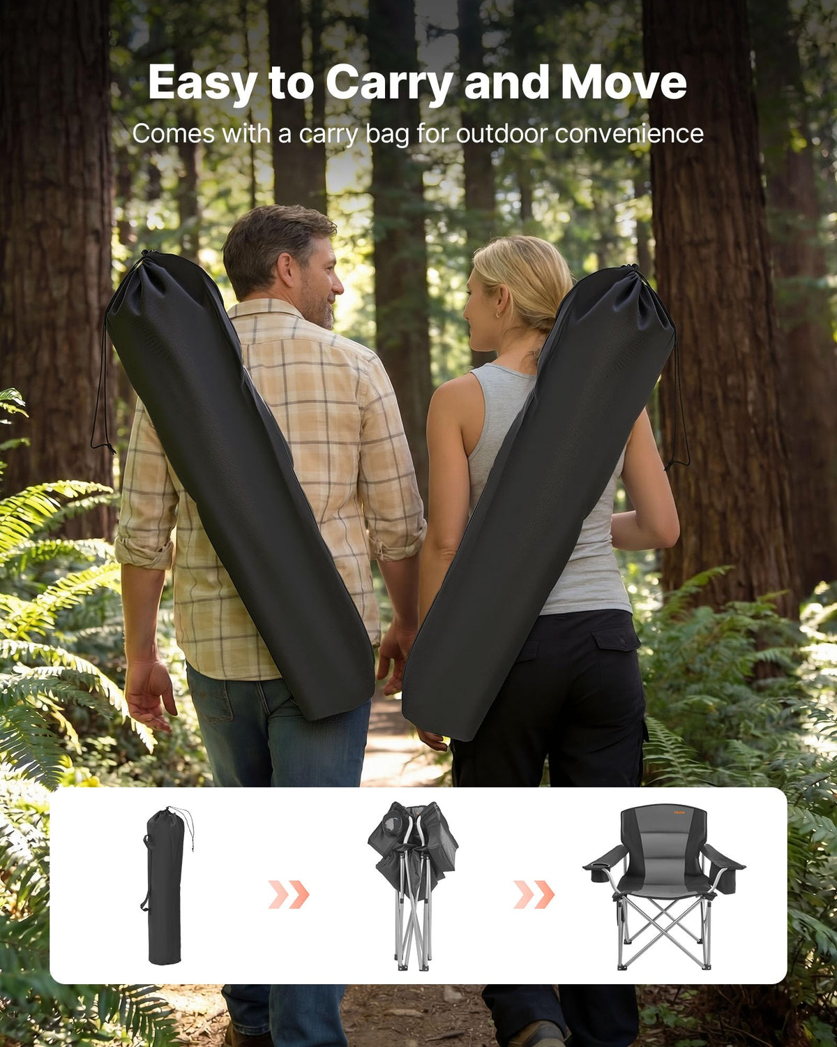 VEVOR Oversized Camping Folding Chair, Portable Heavy Duty Outdoor Quad Lumbar Back Padded with Side Pockets, Cup Holder and Cooler Bag for Beach, Lawn, Picnic, Fishing, Backpacking, Black