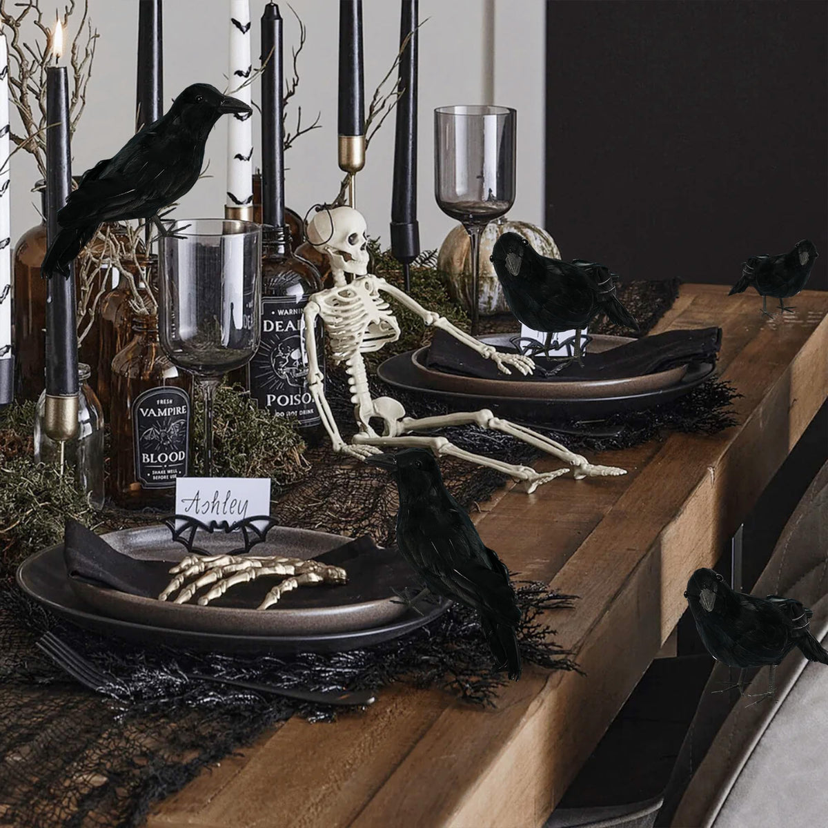 FUNPENY Halloween Black Feathered Crows, 3 Pack Black Crows with Real Feather Halloween Decoration for Indoor Outdoor