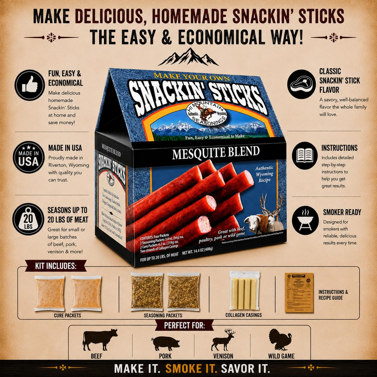 Hi Mountain Snack Stick Seasoning Kit | HUNTER'S BLEND | Makes 20 lbs