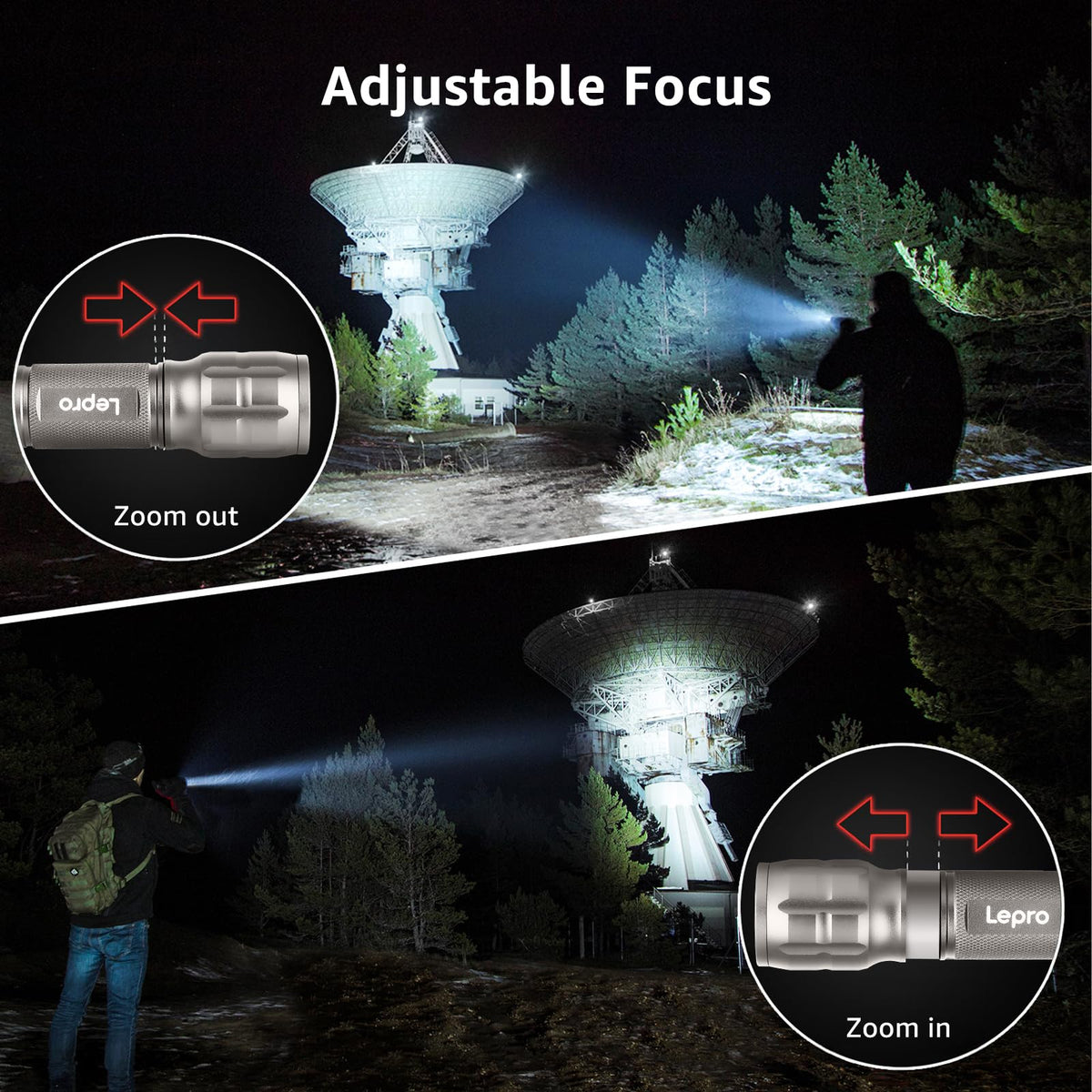 Lepro LED White Light Flashlight, High Lumens Waterproof Adjustable Focus