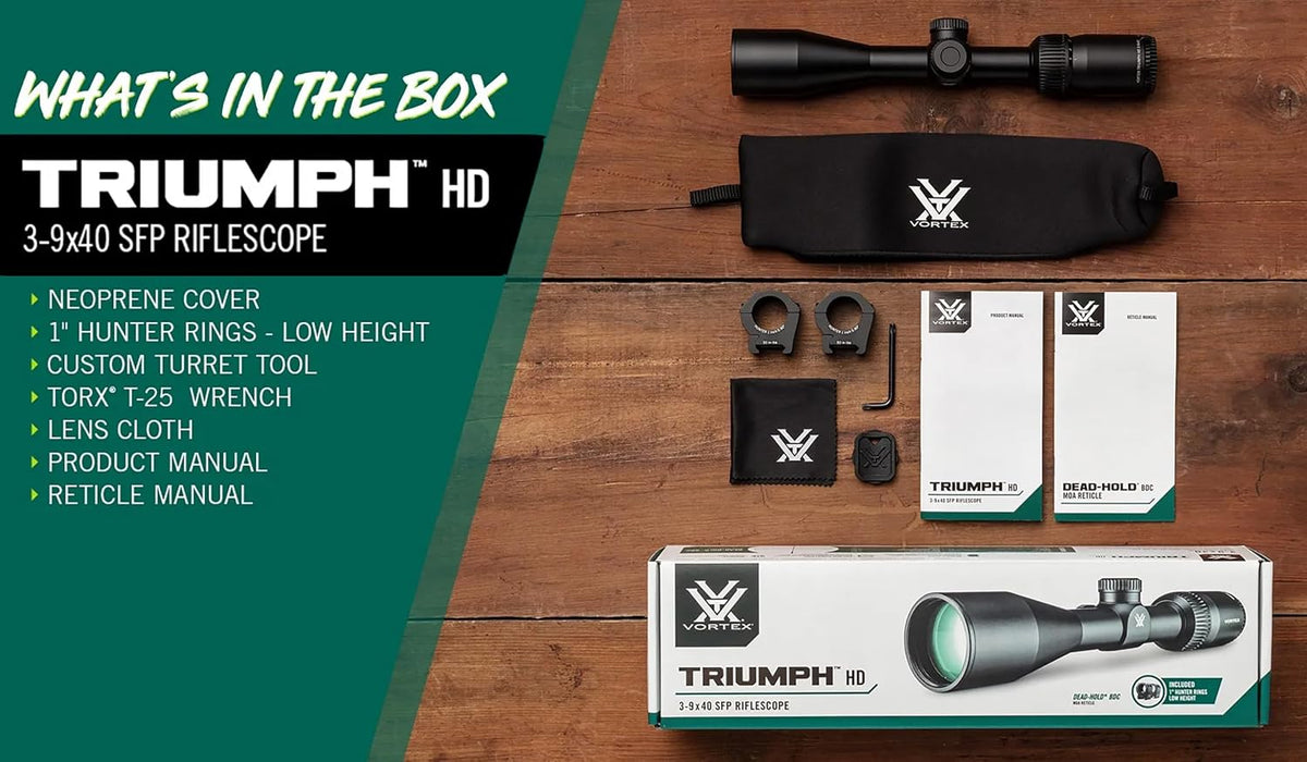 Vortex Triumph HD 3-9x40 Second Focal Plane, 1-inch Tube Riflescope Kit