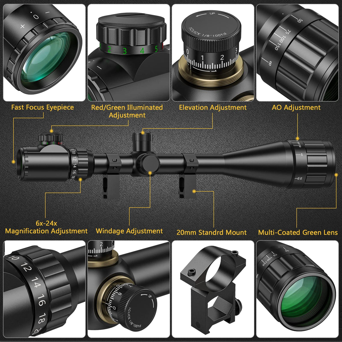 CVLIFE Rifle Scope 6-24x50 AO Red and Green Illuminated Long Range Scope for Hunting with Scope Rings
