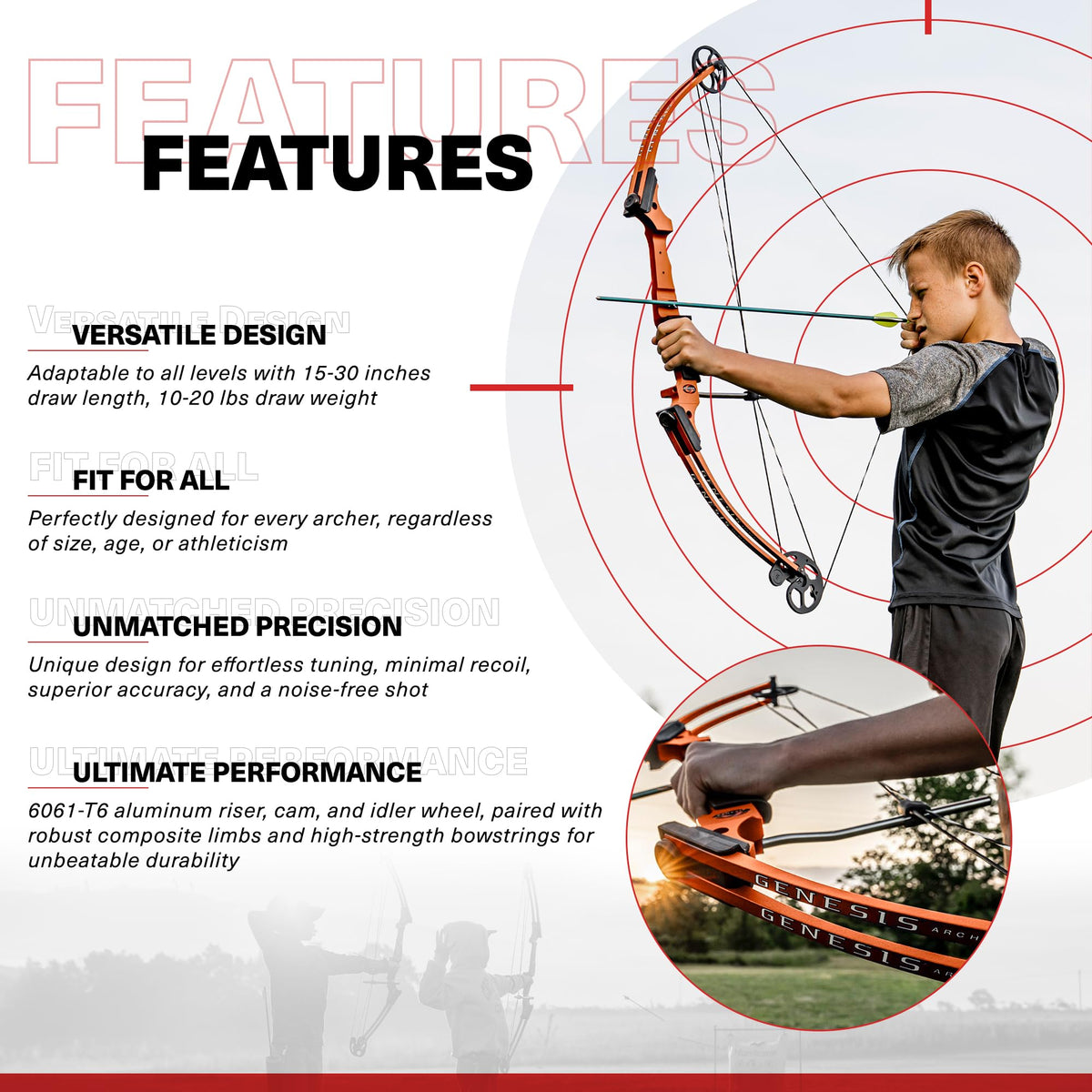 Genesis Archery Original Lightweight Compound Bow with Adjustable Aluminum Riser, 15"-30" Draw Length, 10-20 lb Draw Weight, for Kids and Adults, All Skill Levels