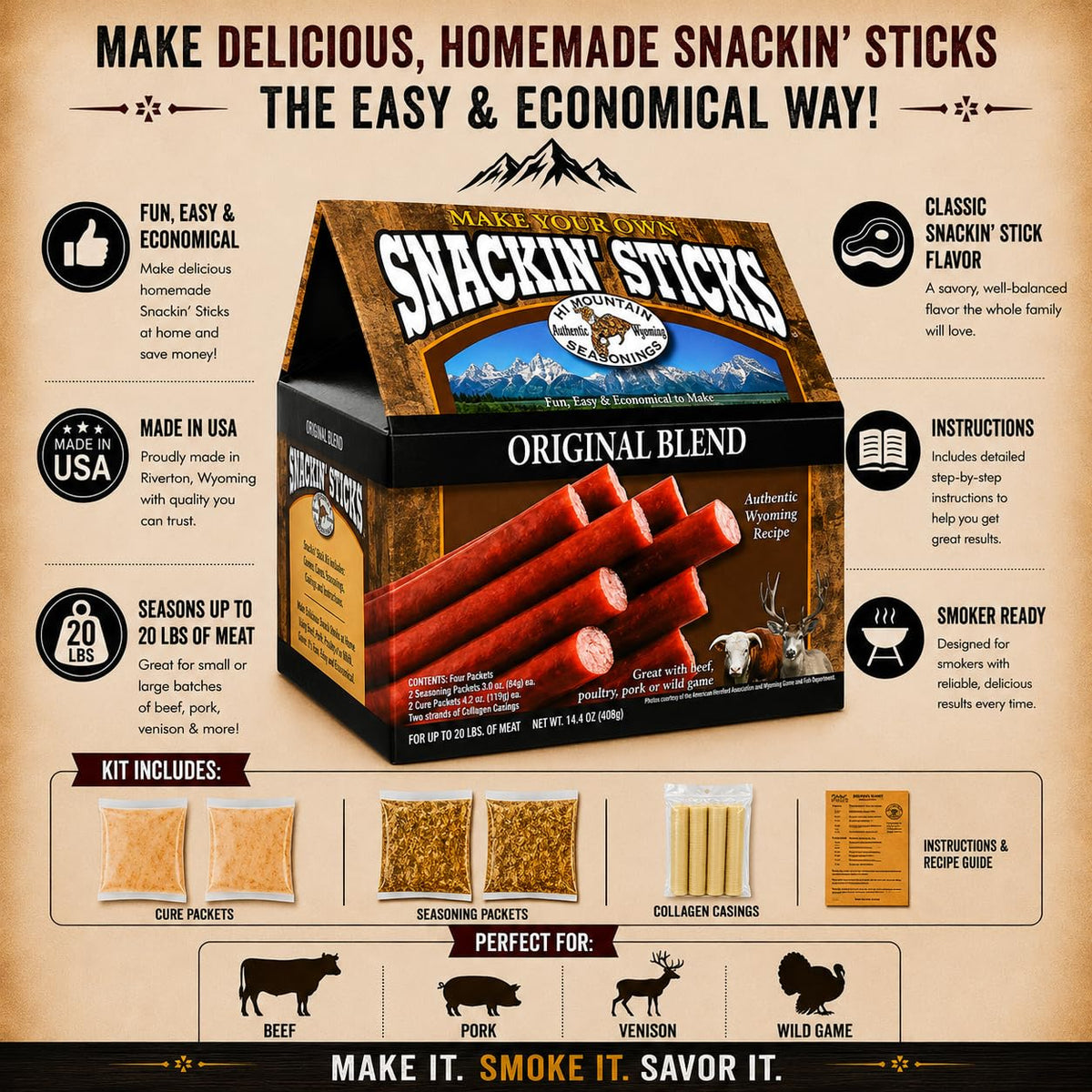 Hi Mountain Snack Stick Seasoning Kit | HUNTER'S BLEND | Makes 20 lbs