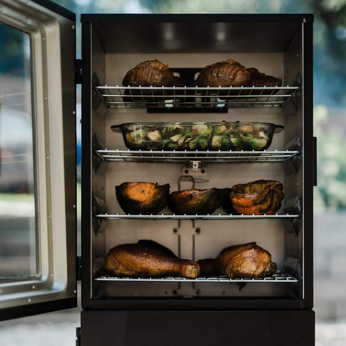 Masterbuilt 30-Inch Dual Fuel Propane & Charcoal Vertical Smoker with 730 Sq. In. Cooking Space, Push-Button Ignition, Temperature Gauge, 4 Smoking Racks, Black