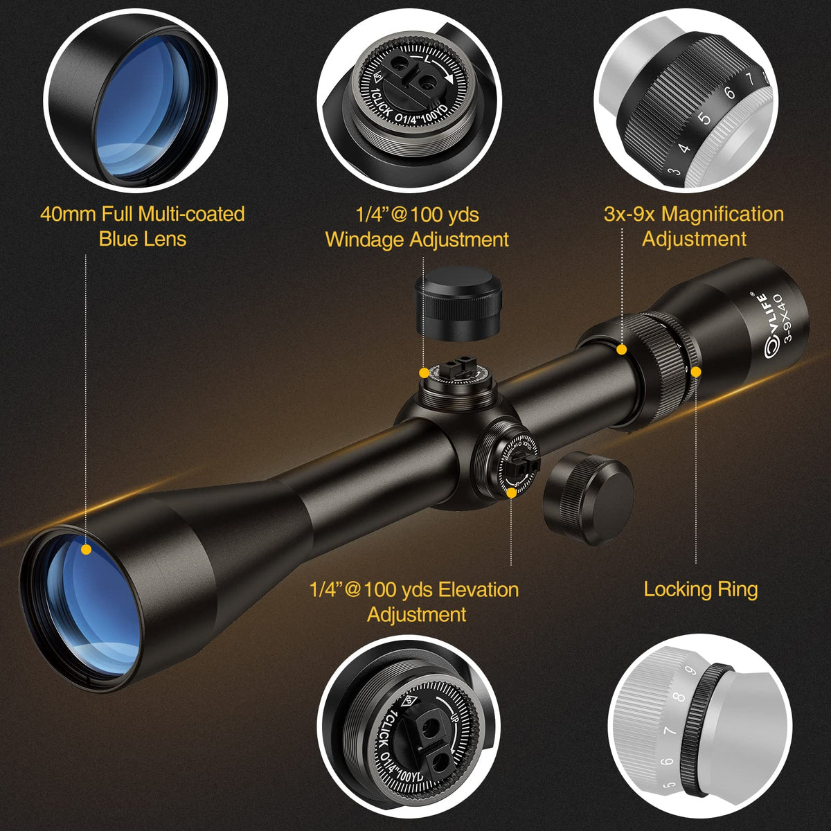 CVLIFE 3-9x40 Optics R4 Reticle Crosshair Scope with Scope Mounts