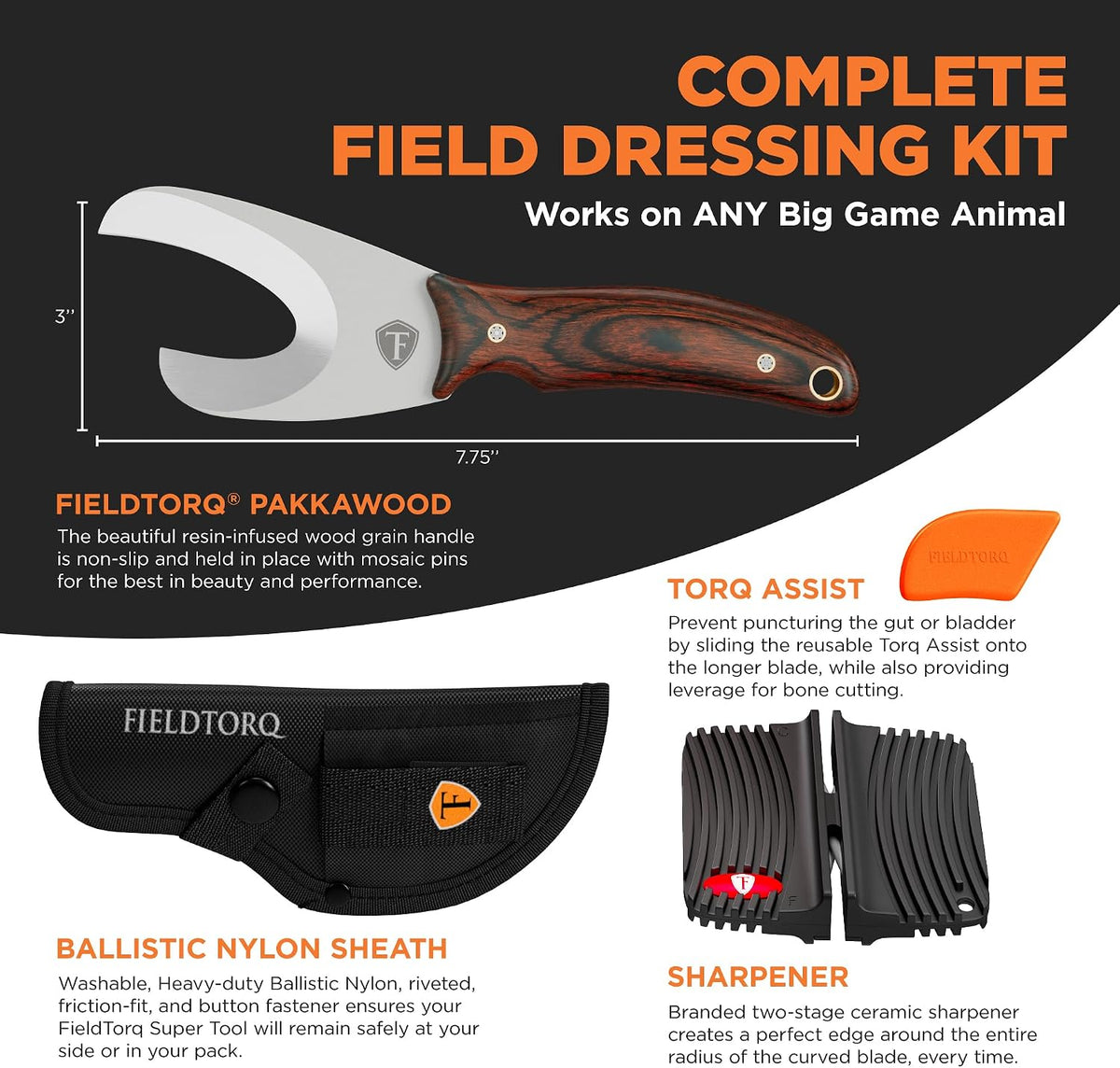 Field Dressing Kit | 3-in-1 Super Tool with Sheath & Sharpener | Gut Hook | Deer Hunting Knife Set | Pakkawood | Men's Hunting Gift Accessory