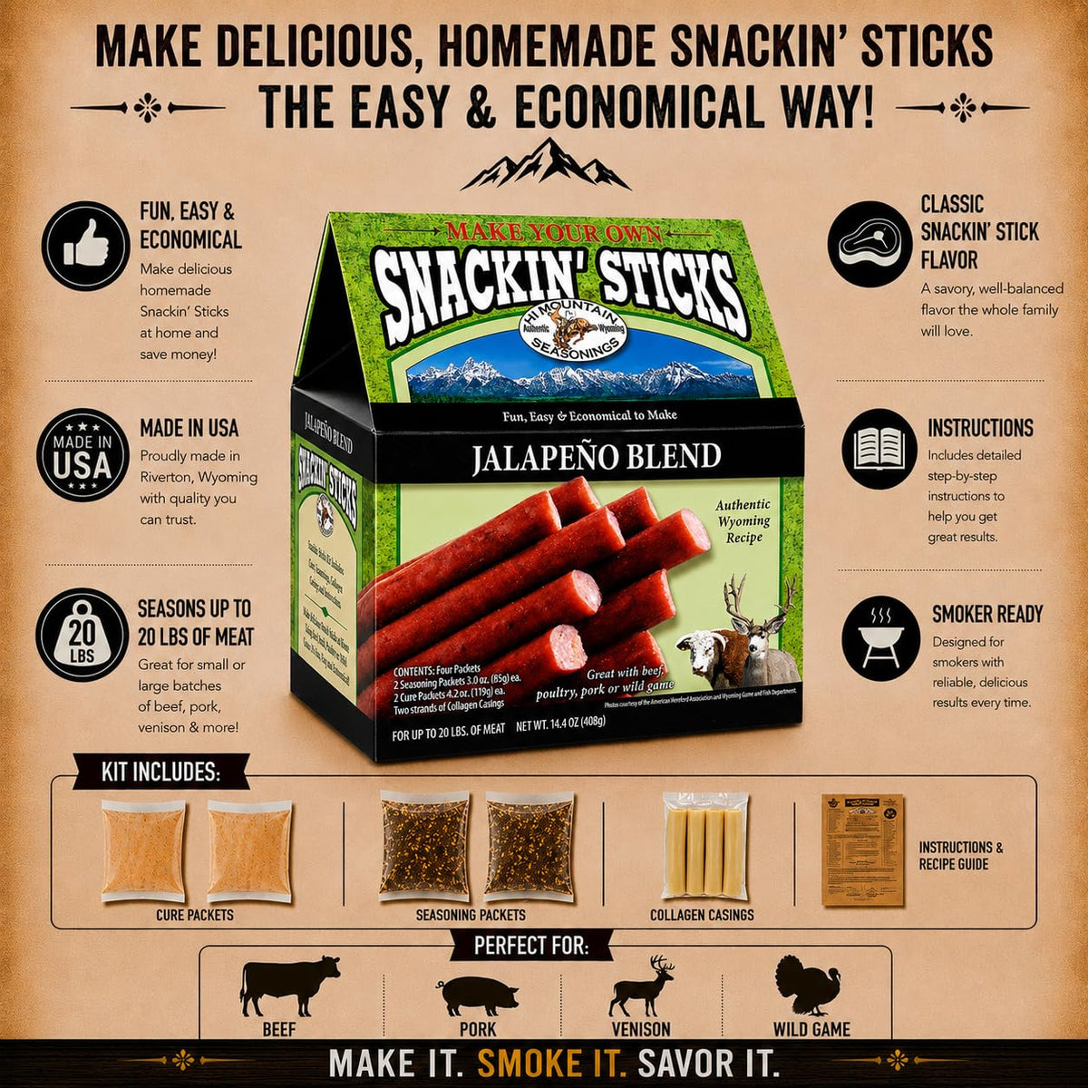 Hi Mountain Snack Stick Seasoning Kit | HUNTER'S BLEND | Makes 20 lbs