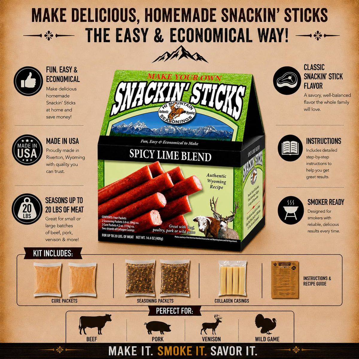 Hi Mountain Snack Stick Seasoning Kit | HUNTER'S BLEND | Makes 20 lbs