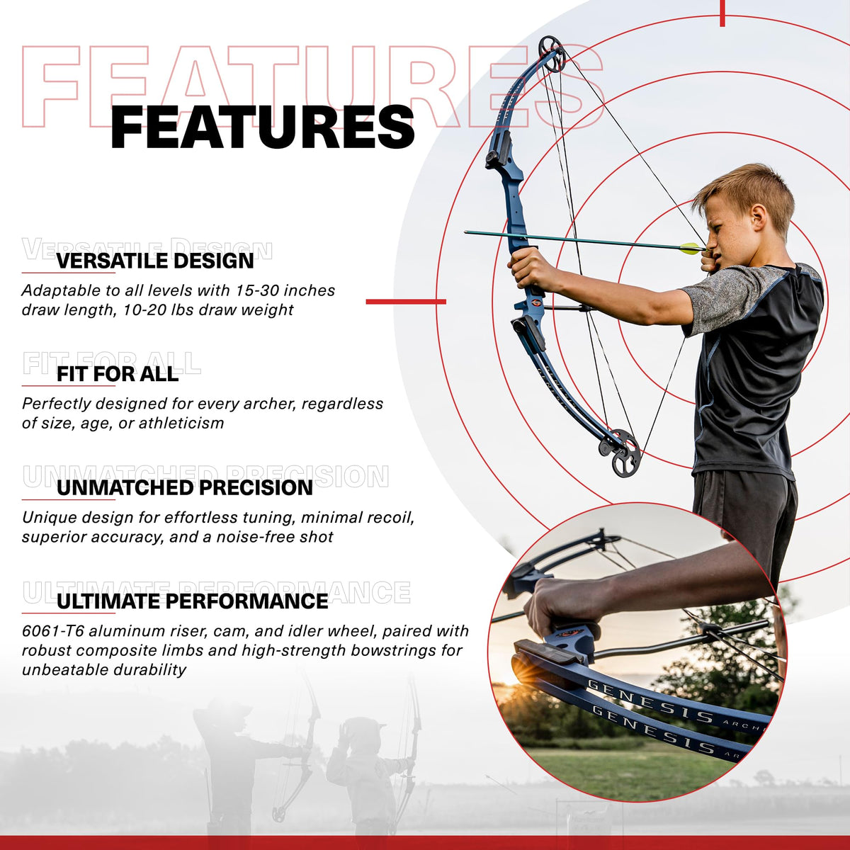 Genesis Archery Original Lightweight Compound Bow with Adjustable Aluminum Riser, 15"-30" Draw Length, 10-20 lb Draw Weight, for Kids and Adults, All Skill Levels