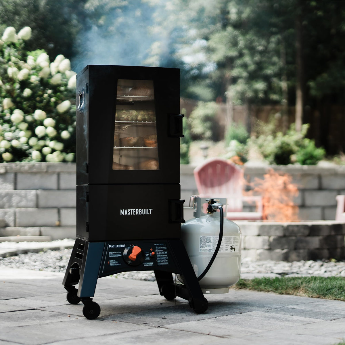 Masterbuilt 30-Inch Dual Fuel Propane & Charcoal Vertical Smoker with 730 Sq. In. Cooking Space, Push-Button Ignition, Temperature Gauge, 4 Smoking Racks, Black