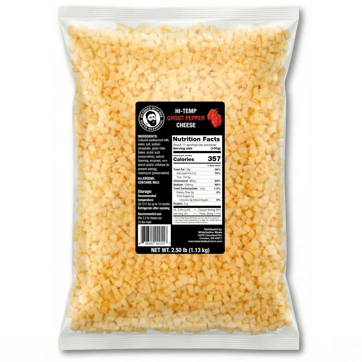 Bearded Butchers High-Temp Cheddar Cheese 2.5 lbs – Shelf-Stable 1/4" Cubes for Up to 25 lbs of Meat, 400°F High-Temperature Cheese – Ideal for Sausage Making, Brats, Snack Sticks, Burgers, and More