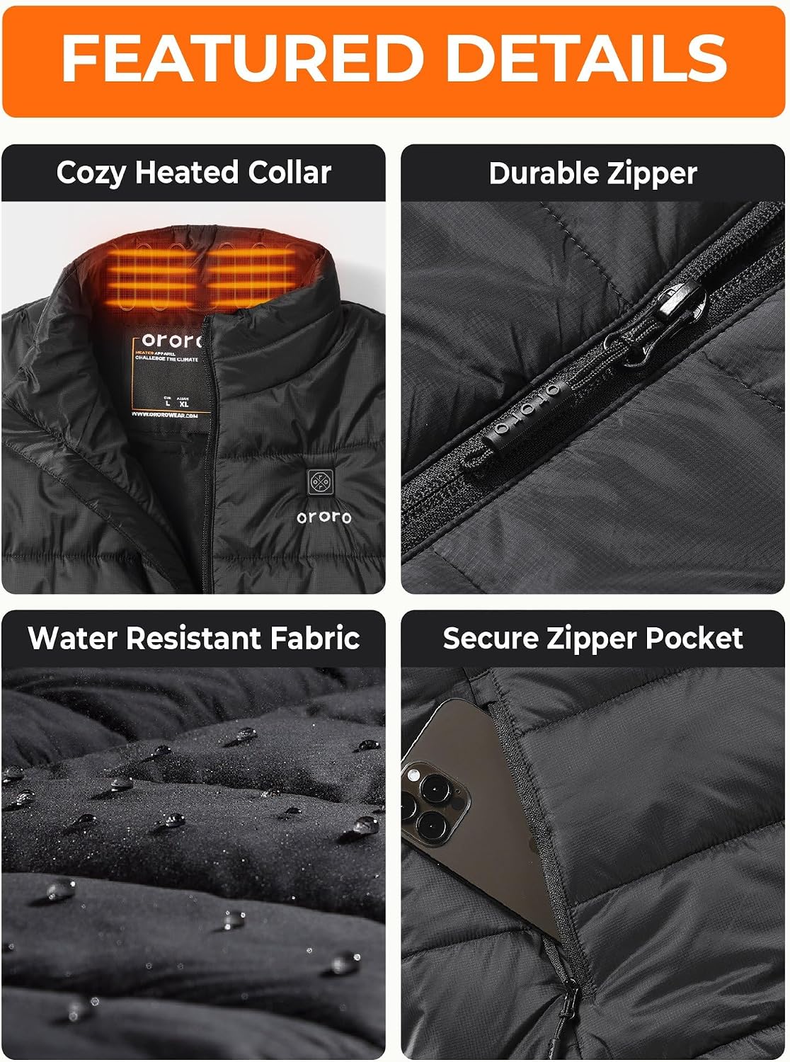 ORORO Men's Heated Vest Lightweight 4-Zone USB-C Battery Heated Puffer Vest