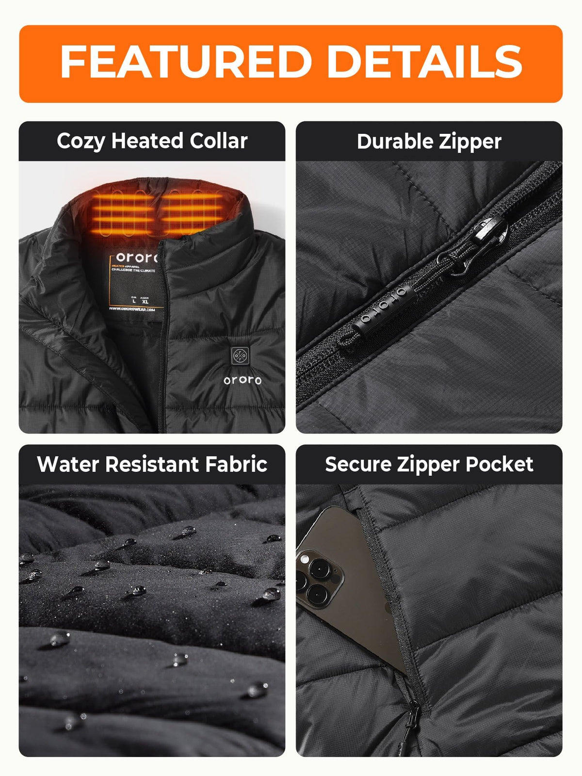 ORORO Men's Heated Vest Lightweight 4-Zone USB-C Battery Heated Puffer Vest