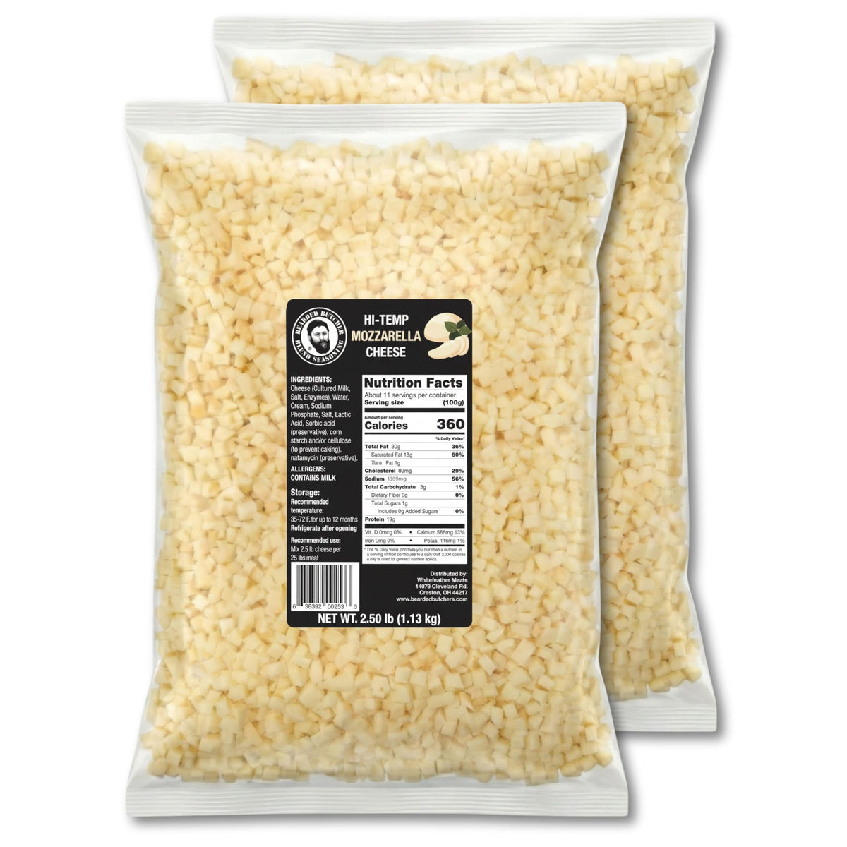 Bearded Butchers High-Temp Cheddar Cheese 2.5 lbs – Shelf-Stable 1/4" Cubes for Up to 25 lbs of Meat, 400°F High-Temperature Cheese – Ideal for Sausage Making, Brats, Snack Sticks, Burgers, and More