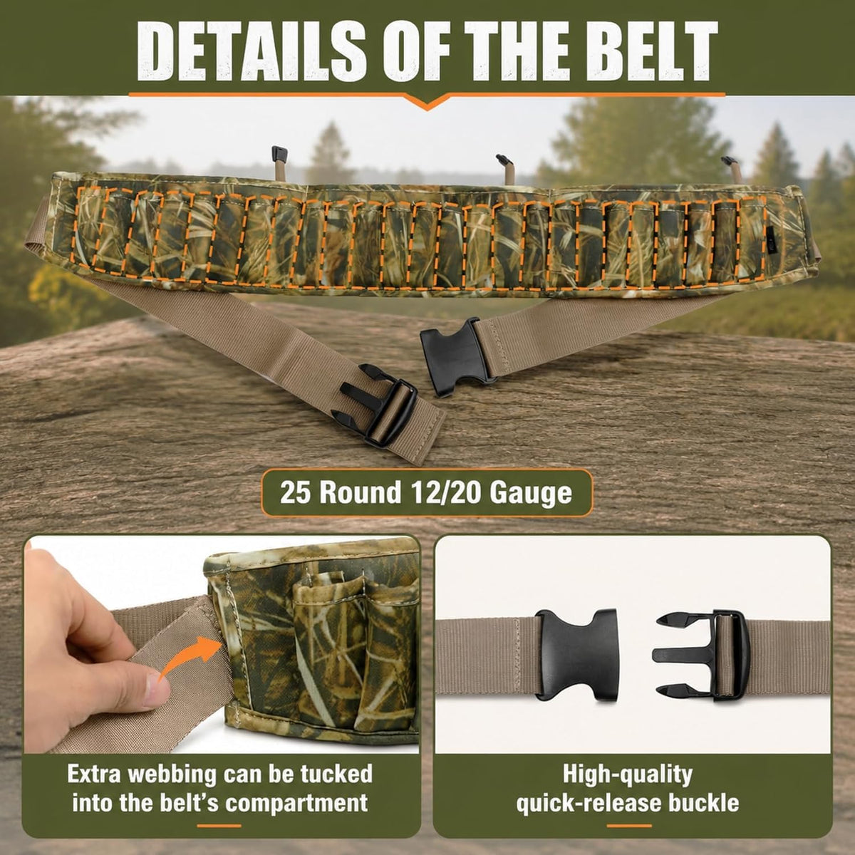 HUNTPAL 25 Rounds Shotgun Shell Belt, Cartridge Belt Waist Ammo Bandolier