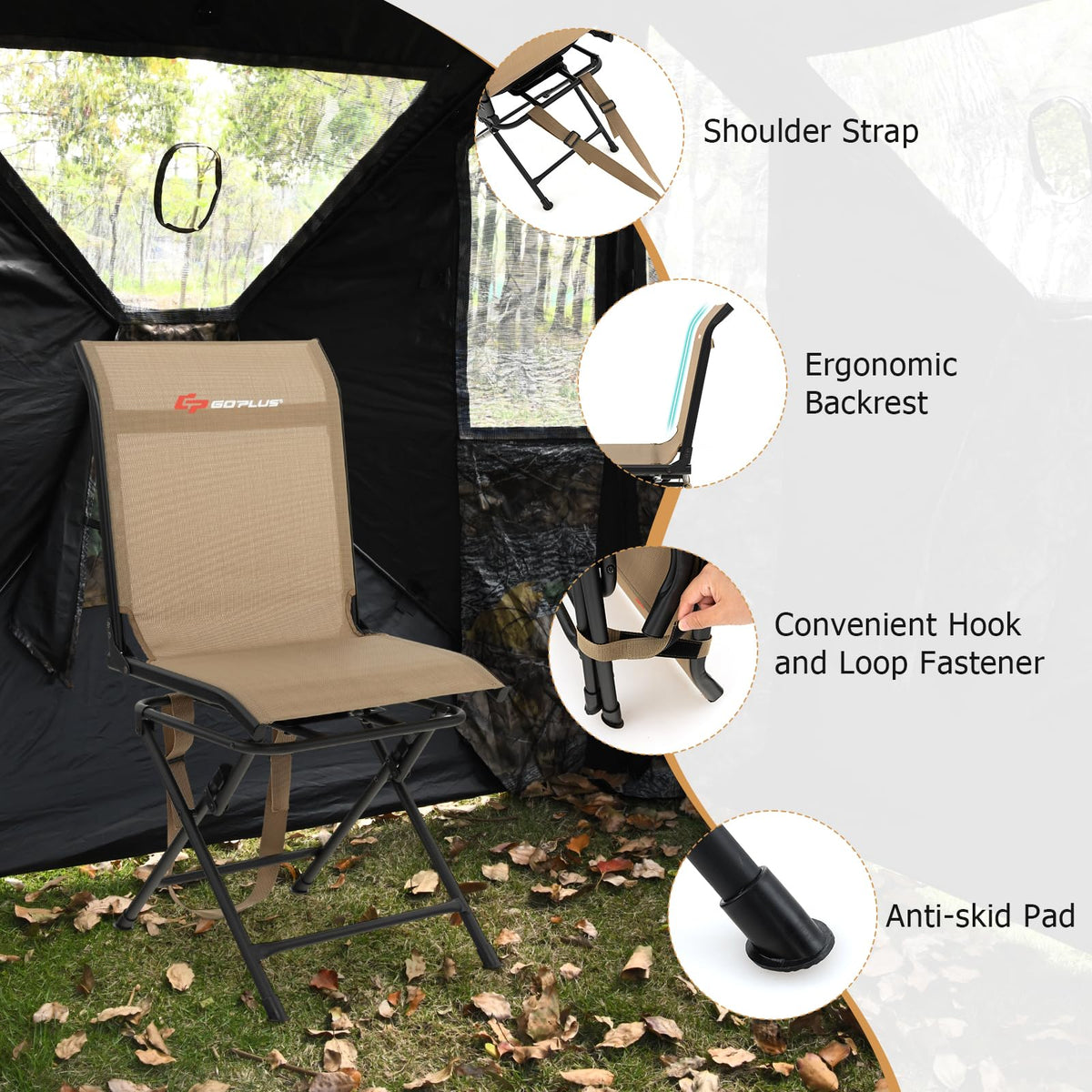 Goplus Hunting Chair, 360° Swivel Folding Hunting Blind Chair with Carrying Strap, 330LBS Capacity, Portable Deer Hunting Stool, Silent Ground Dove Hunting Chair, No Assembly
