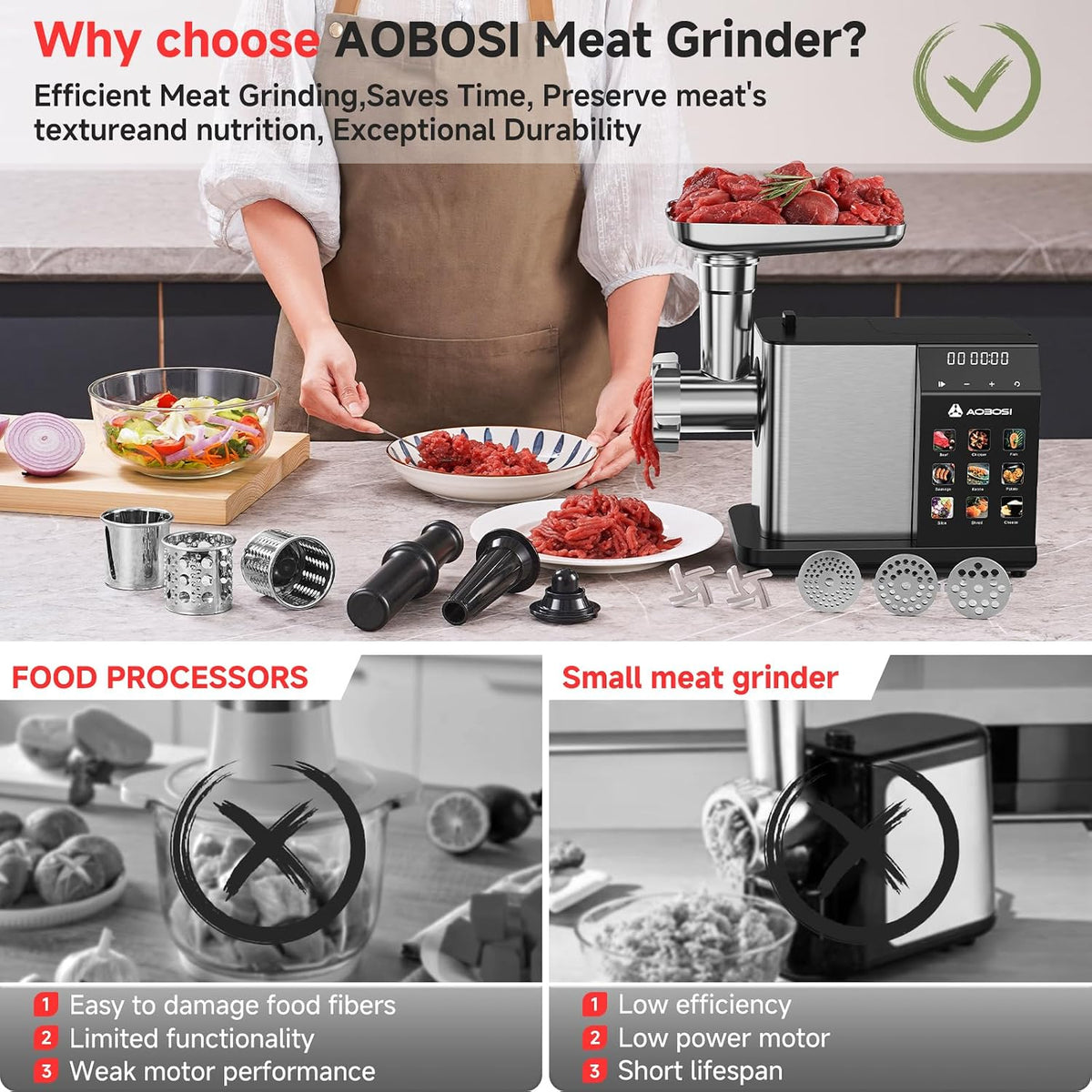 AAOBOSI Multifunctional Digital Meat Grinder Electric 3000W Max