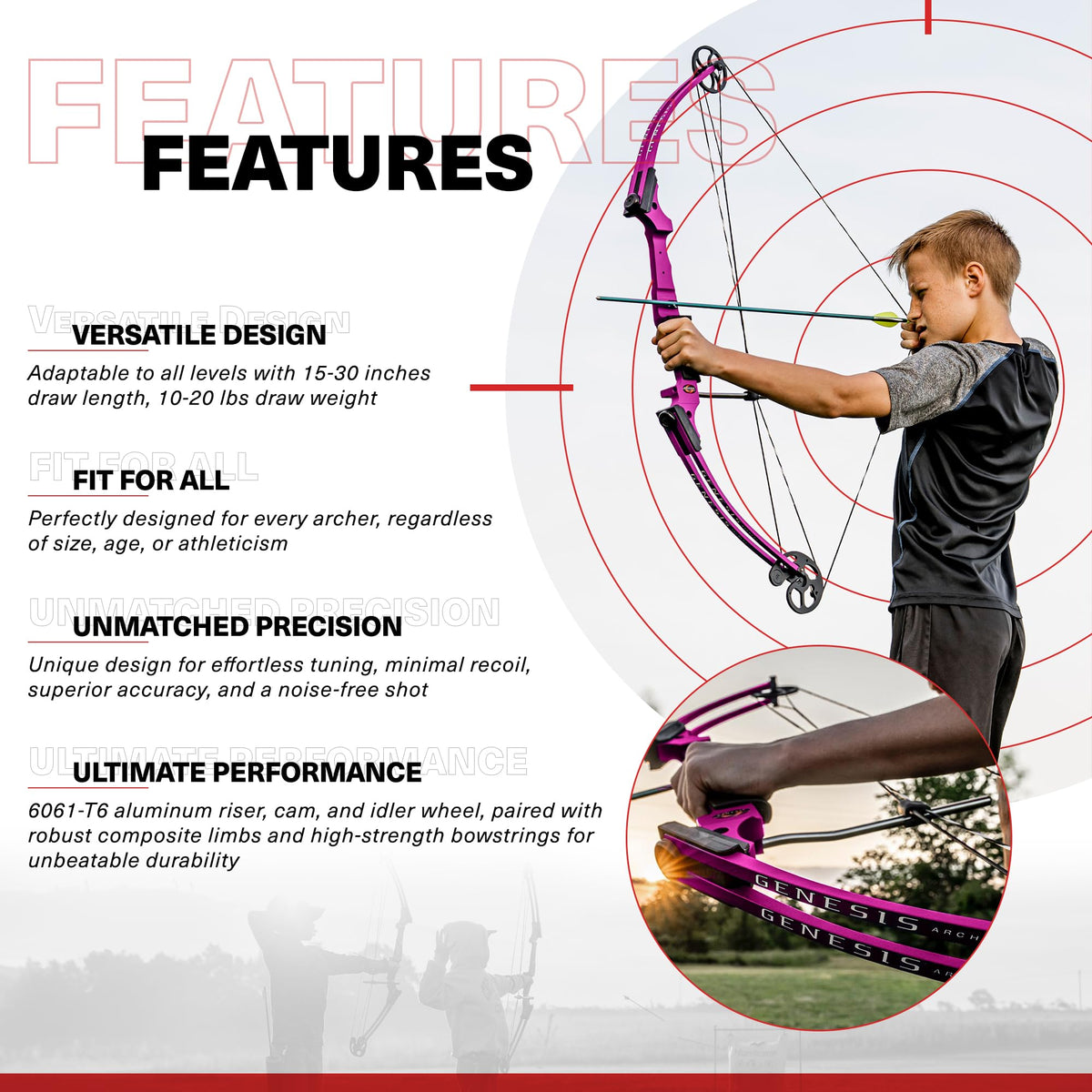 Genesis Archery Original Lightweight Compound Bow with Adjustable Aluminum Riser, 15"-30" Draw Length, 10-20 lb Draw Weight, for Kids and Adults, All Skill Levels
