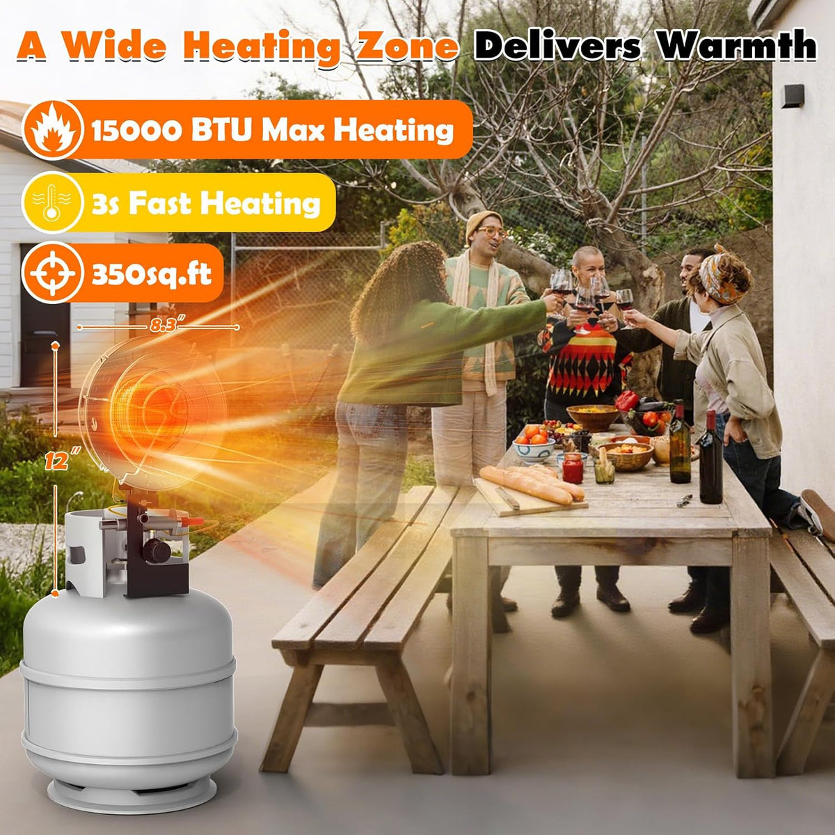 15000BTU Propane Heater, Portable Propane Heater for Outdoor Use with 3 Adjustable Modes and Safety Shut-off Valve for Patio, Camping, Fishing, Garage