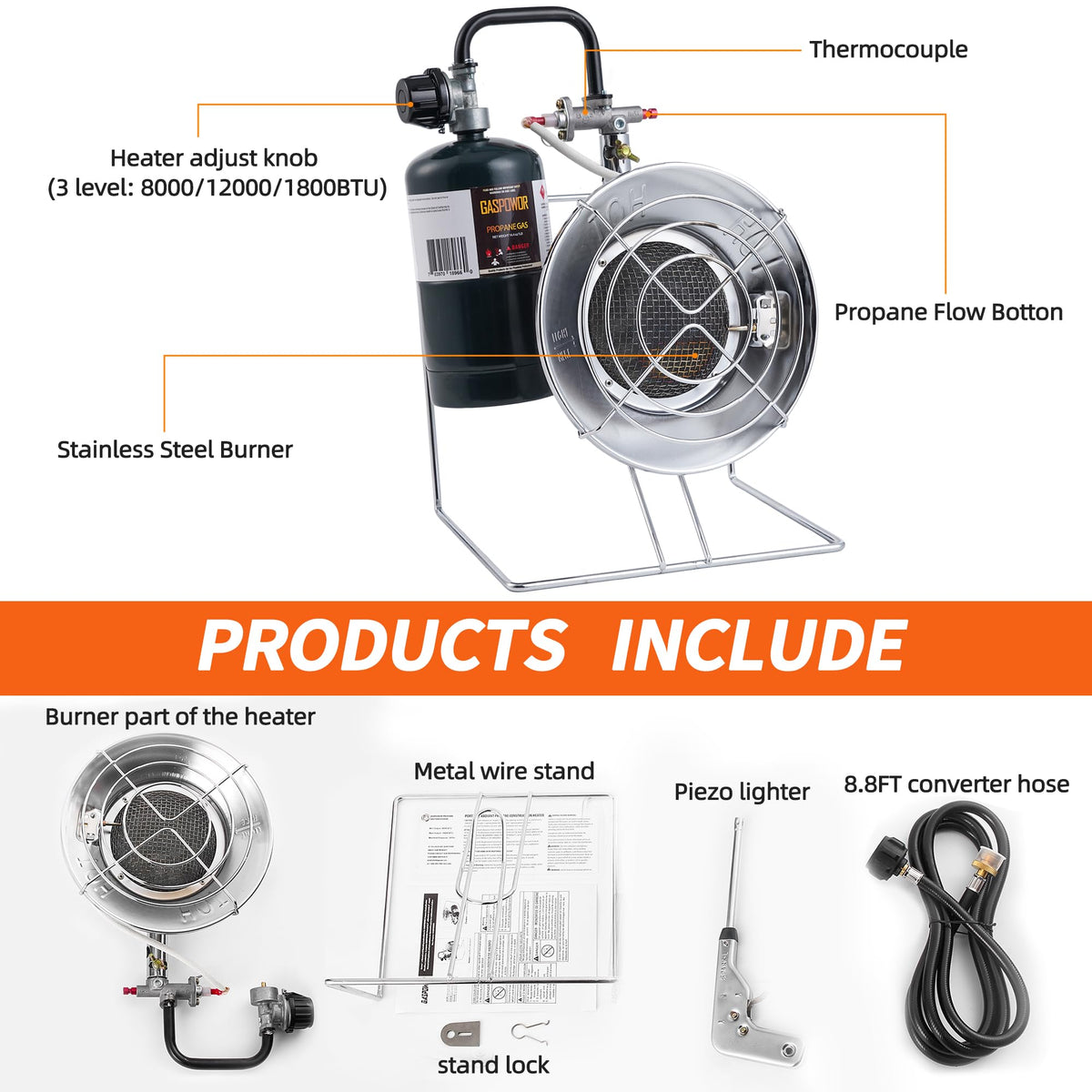 Portable Outdoor Heater with 8FT Hose, 9000 BTU Propane Heater Fuel by Butane/Propane, Self-Ignition, Tip-over&Low-Oxygen Safety Shutoff, Compact Camping&RV Heater for Tents, Hiking(Fuel not included)