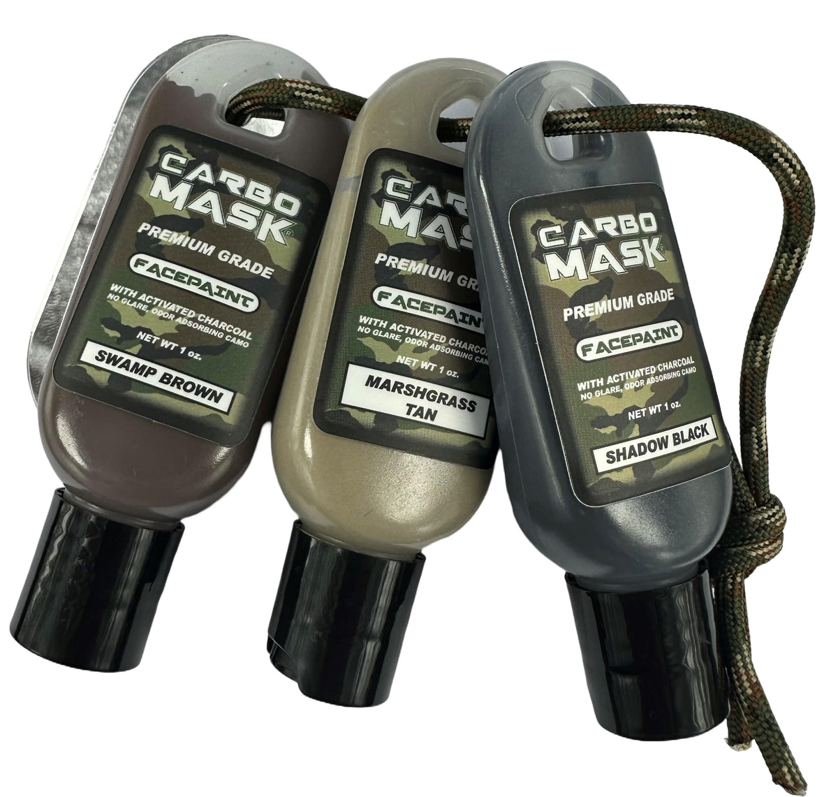 Carbomask 1 oz. Three-Pack Camo Facepaint. No grease. No glare. Easy to remove.