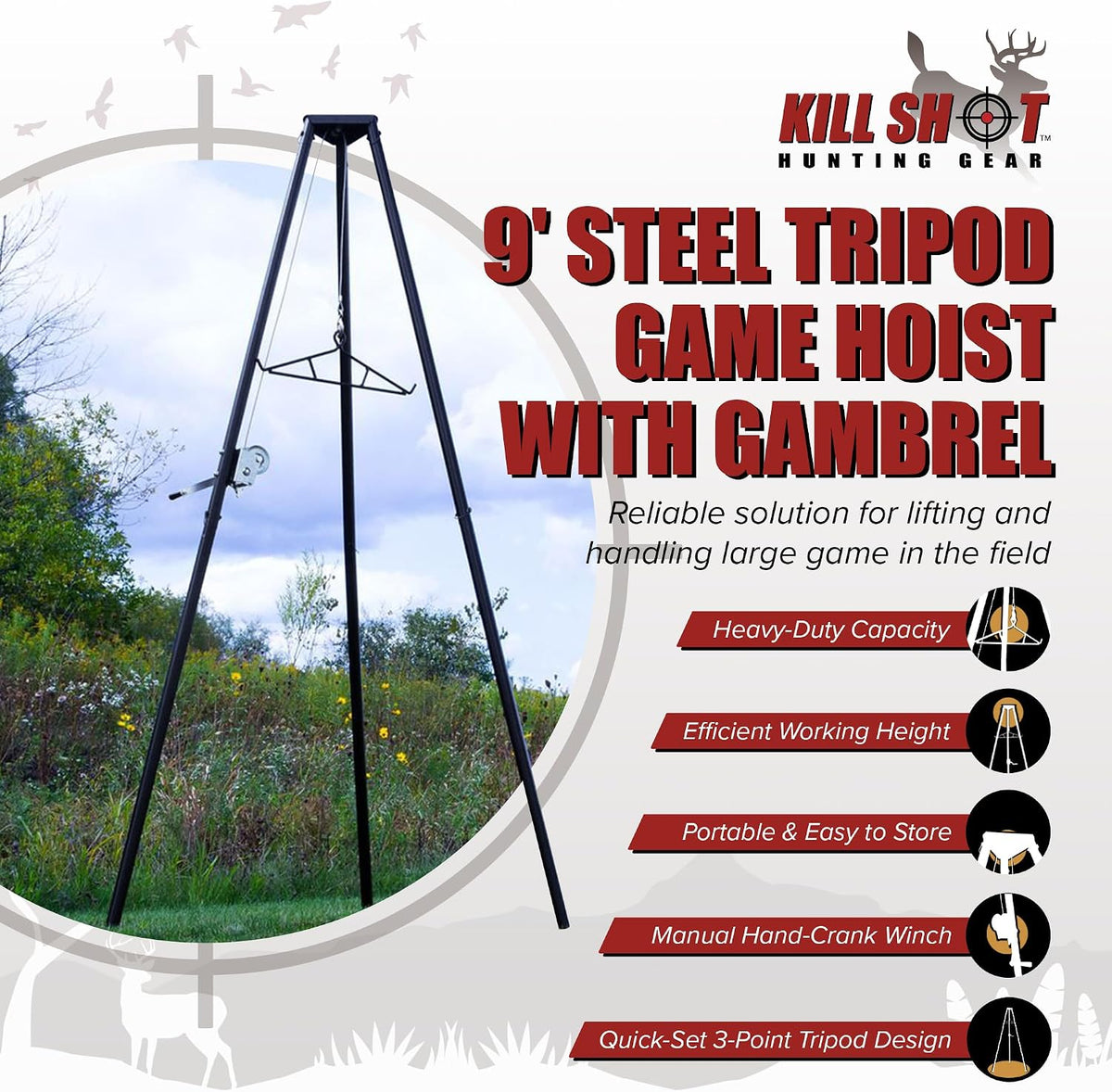 Kill Shot 9' Steel Tripod Game Hoist with Gambrel & 500 lbs. Capacity for Skinning, Cleaning or Moving Game, 3-Point Design for Quick Setup, Black