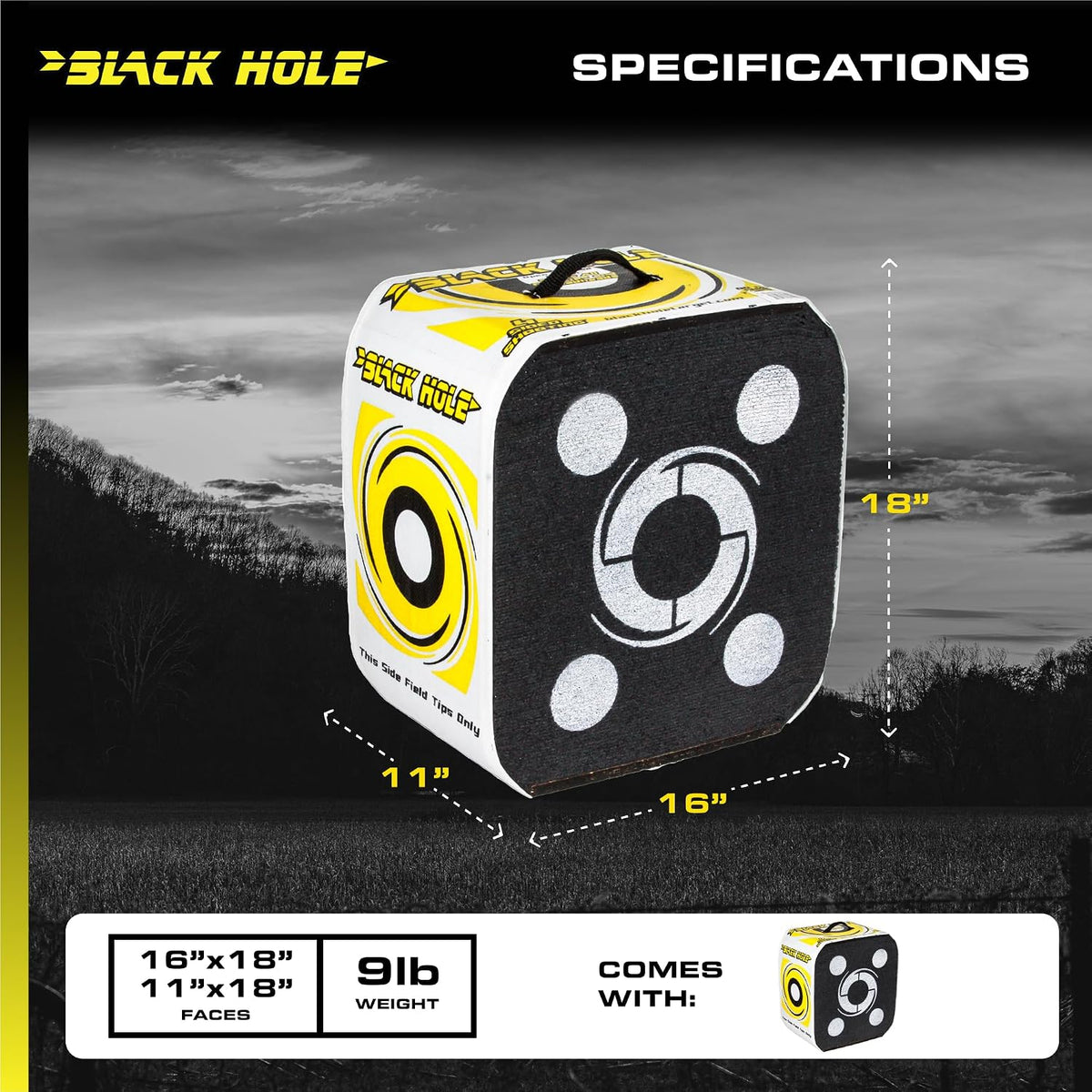 Black Hole 4-Sided Archery Target, Uses Friction Not Force to Stop All Field Points and Broadheads, Open-Face Layered Design, Lightweight and Carry Strap for Portability