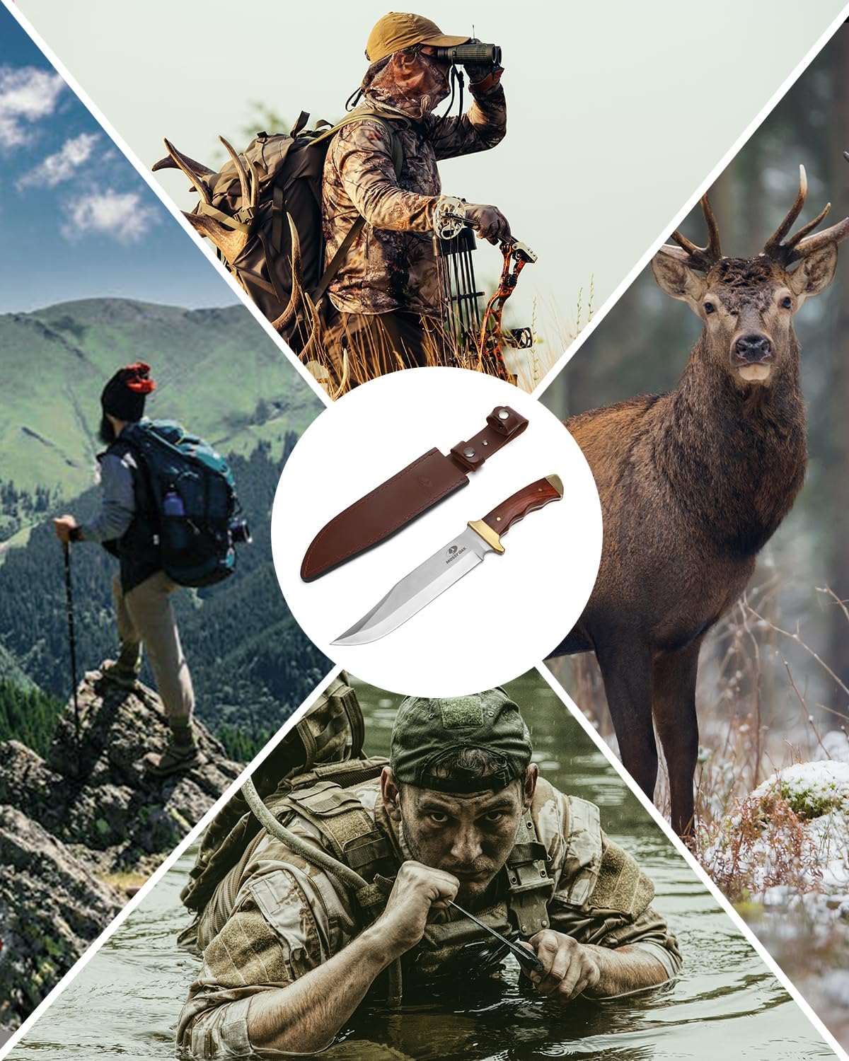 Mossy Oak 14-inch Bowie Knife, Hunting Knife with Wood Handle