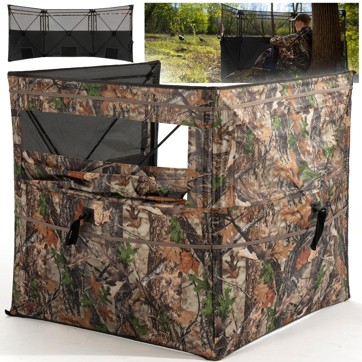 HUNTSEN 3&4 Panel See Through Hunting Blind for Turkey - Lightweight Portable Pop Up Ground Blind with Silent Sliding Windows Carrying Bag - Easy-Setup Camouflage Concealed Ground Blinds for Hunting