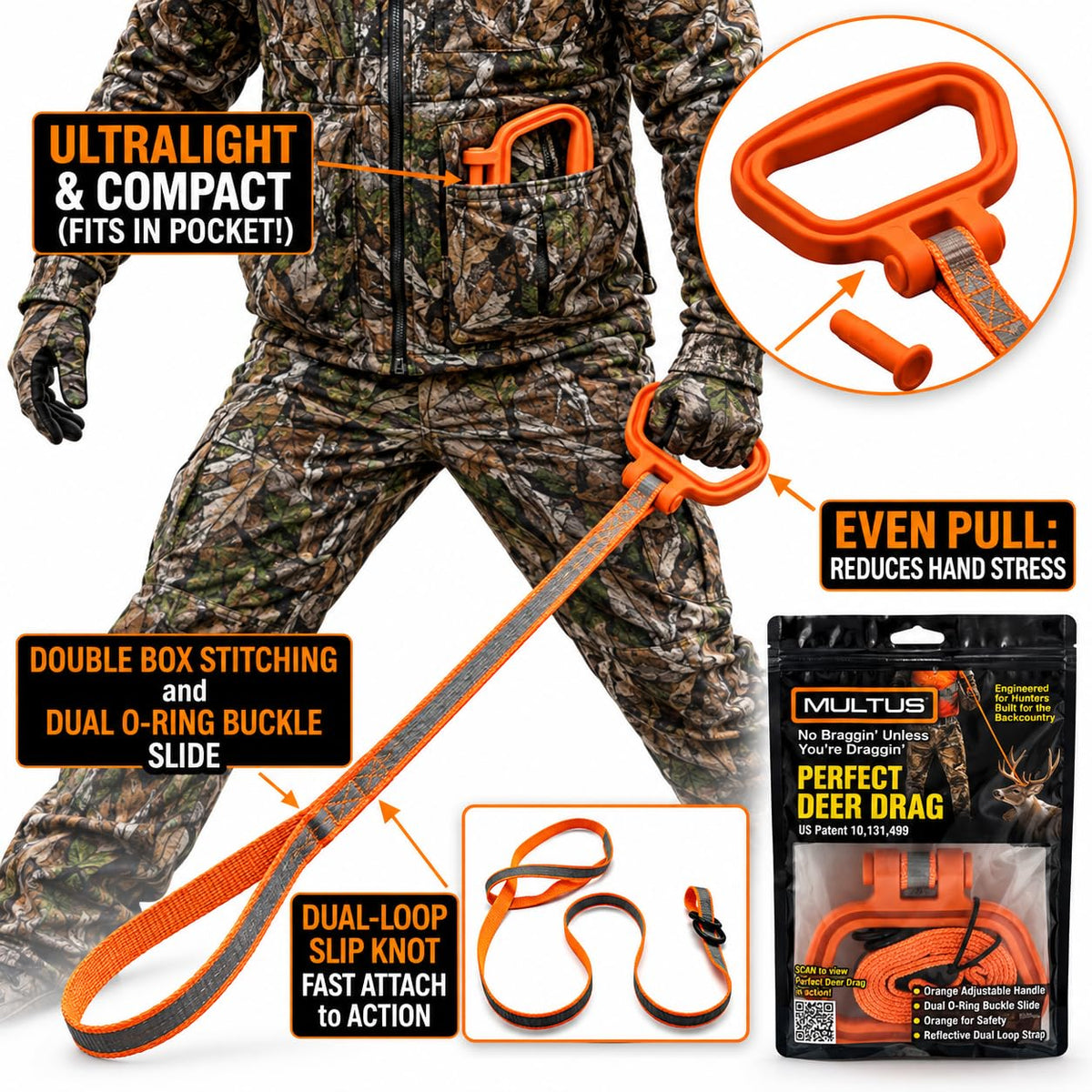 MULTUS Deer Drag Rope & Strap - Heavy Duty Deer Puller for Hunting - Unique Gifts for Hunters, Dad, Men Who Have Everything - Hunting Essentials & Accessories
