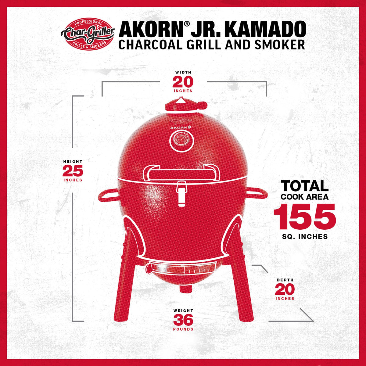 Char-Griller AKORN Jr. Portable Kamado Charcoal Grill and Smoker, Triple-Wall Insulated Steel with Cast Iron Grates and Locking Lid, 155 Sq. In. Cooking Area, Ash