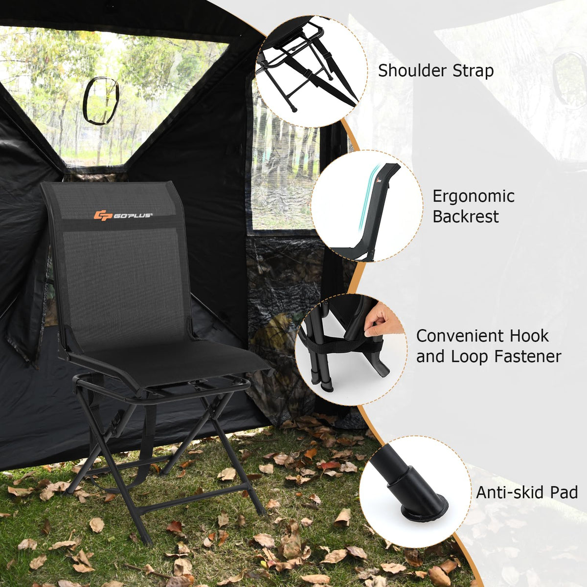 Goplus Hunting Chair, 360° Swivel Folding Hunting Blind Chair with Carrying Strap, 330LBS Capacity, Portable Deer Hunting Stool, Silent Ground Dove Hunting Chair, No Assembly