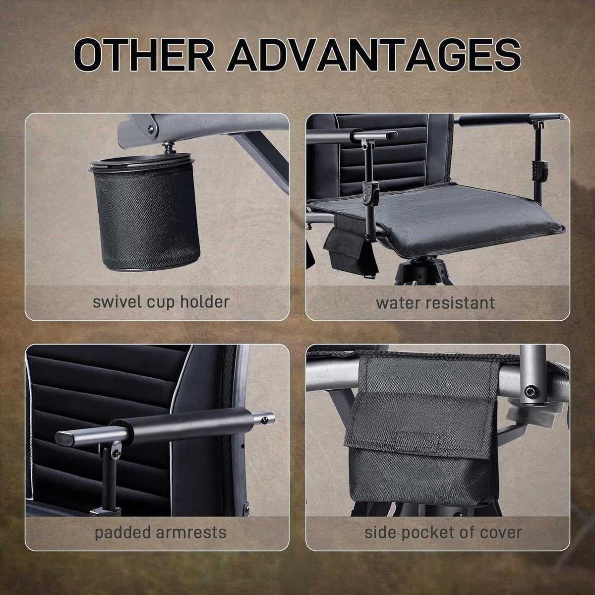 EVER ADVANCED 360° Silent Swivel Hunting Chair for Blinds, Adjustable Folding Hunting Seats with Armrests for Outdoor Activities, Fishing, Support 400lbs, Black