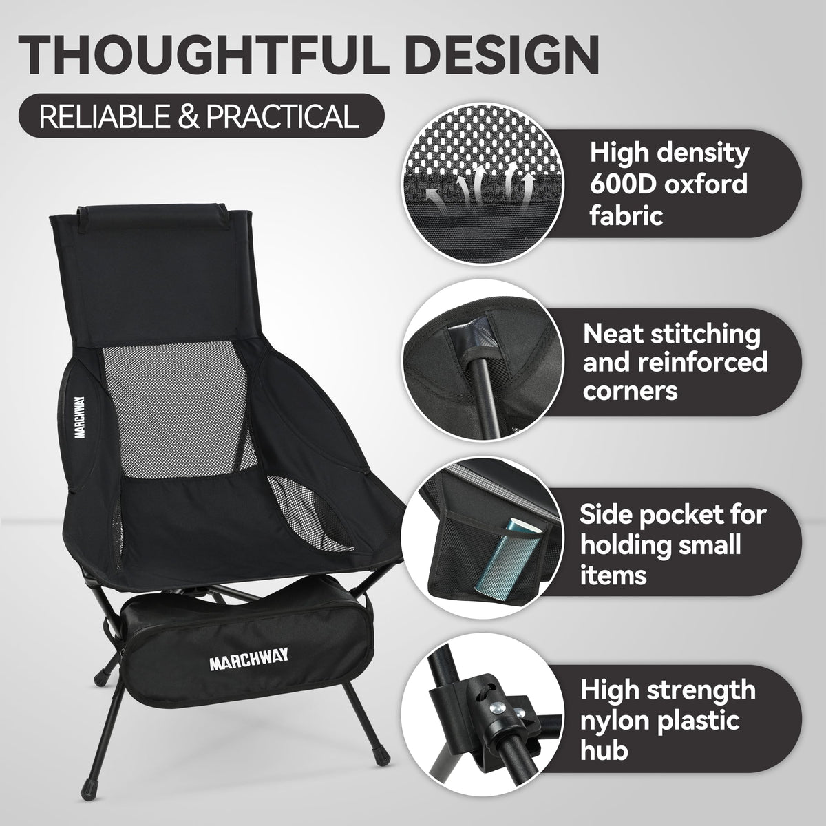 MARCHWAY Lightweight High Back Folding Camping Chair with Head Support