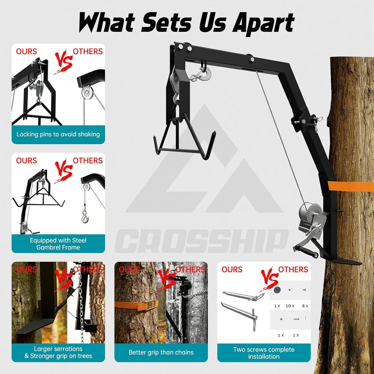 Tree Mounted Deer Hoist with Gambrel - 500lbs Game Hoist with Winch, Ratchet Strap, 23ft Cable, Portable Detachable Hunting Kit for Heavy Duty Deer Hanger for Skinning, Field Dressing