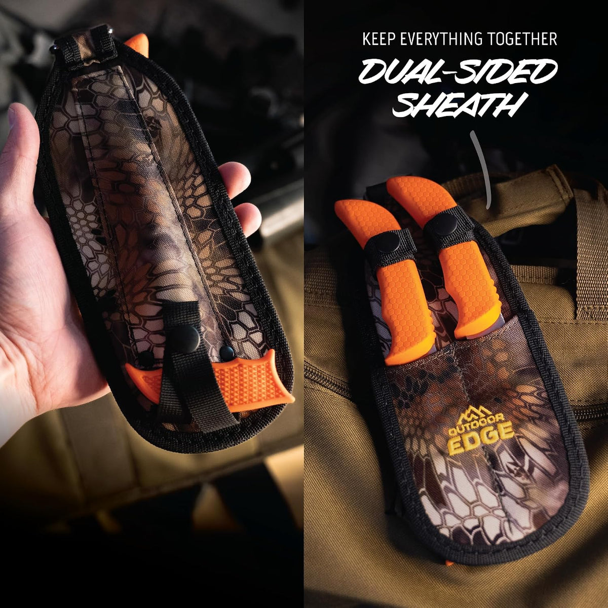 OUTDOOR EDGE WildGuide 4-Piece Hunting Knife Set & Field Dressing Kit | Featuring Razor-Sharp Caping Blade, Gut-Hook Skinning Knife, Bone Saw, in a Camo Nylon Belt Sheath | Butcher Knife Set for Deer
