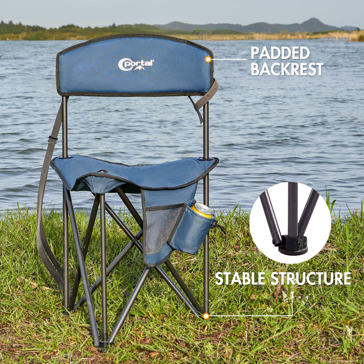 Portal Extra Large Quick Folding Tripod Stool with Backrest Fishing Camping Chair with Carry Strap