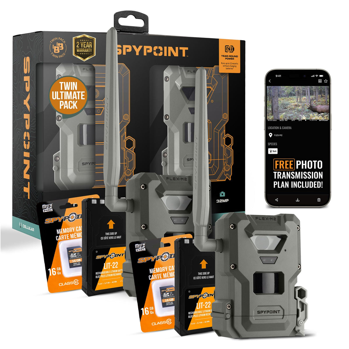 SPYPOINT Flex-M Twin, Cellular Trail Camera, Night Vision, Free Photo Plan