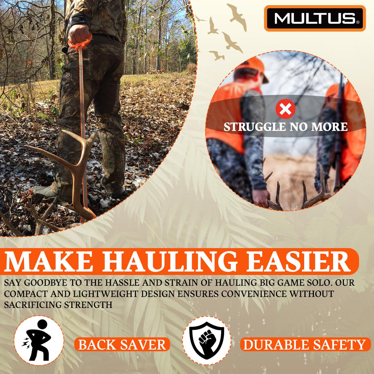 MULTUS Deer Drag Rope & Strap - Heavy Duty Deer Puller for Hunting - Unique Gifts for Hunters, Dad, Men Who Have Everything - Hunting Essentials & Accessories