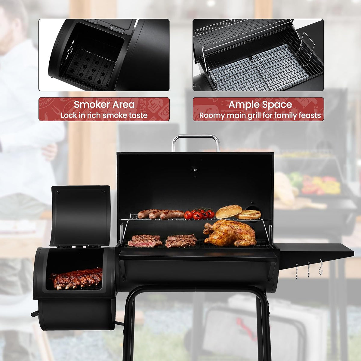 Royal Gourmet CC1830S BBQ Charcoal Grill and Offset Smoker, Outdoor Camping