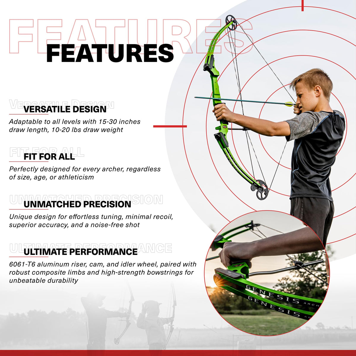 Genesis Archery Original Lightweight Compound Bow with Adjustable Aluminum Riser, 15"-30" Draw Length, 10-20 lb Draw Weight, for Kids and Adults, All Skill Levels