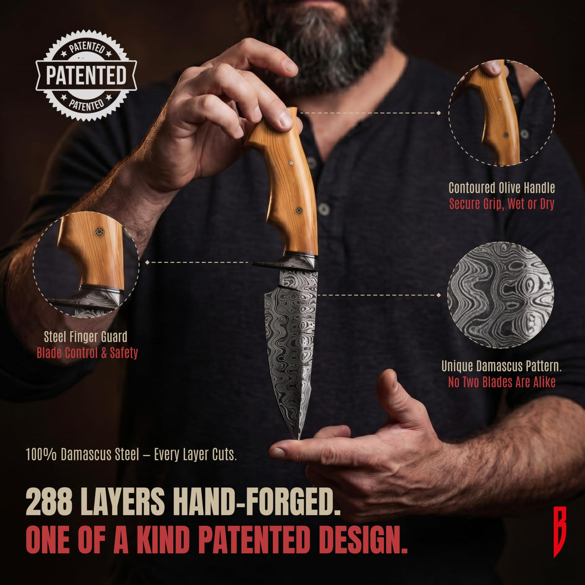 Hunting Damascus Knife Fixed Blade 10" Handmade Patented - Predator Hunter