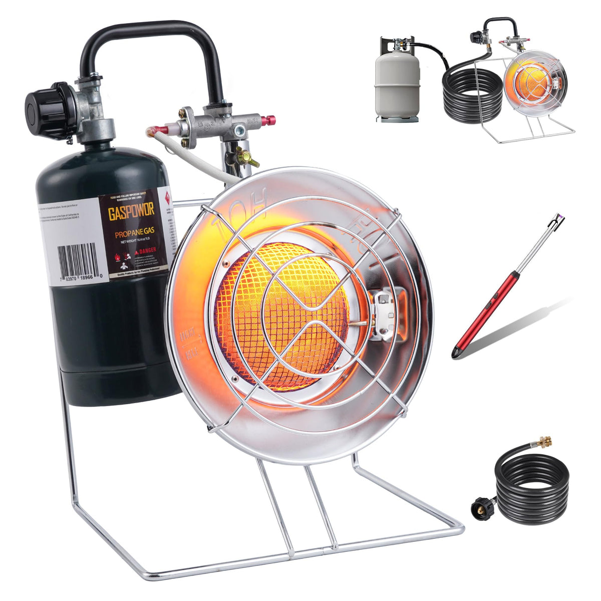 Portable Outdoor Heater with 8FT Hose, 9000 BTU Propane Heater Fuel by Butane/Propane, Self-Ignition, Tip-over&Low-Oxygen Safety Shutoff, Compact Camping&RV Heater for Tents, Hiking(Fuel not included)