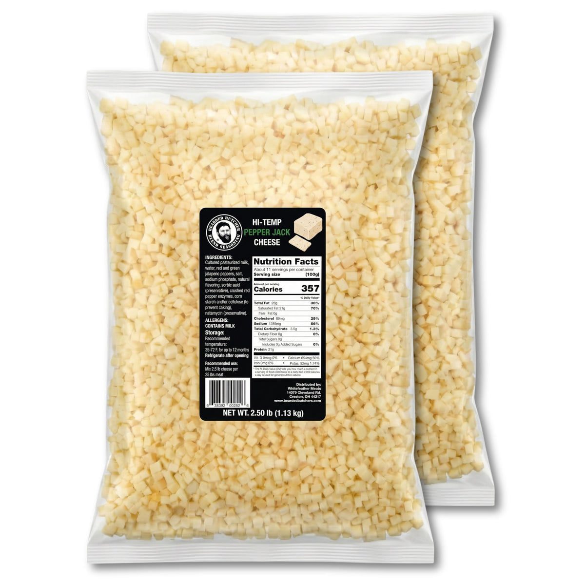 Bearded Butchers High-Temp Cheddar Cheese 2.5 lbs – Shelf-Stable 1/4" Cubes for Up to 25 lbs of Meat, 400°F High-Temperature Cheese – Ideal for Sausage Making, Brats, Snack Sticks, Burgers, and More
