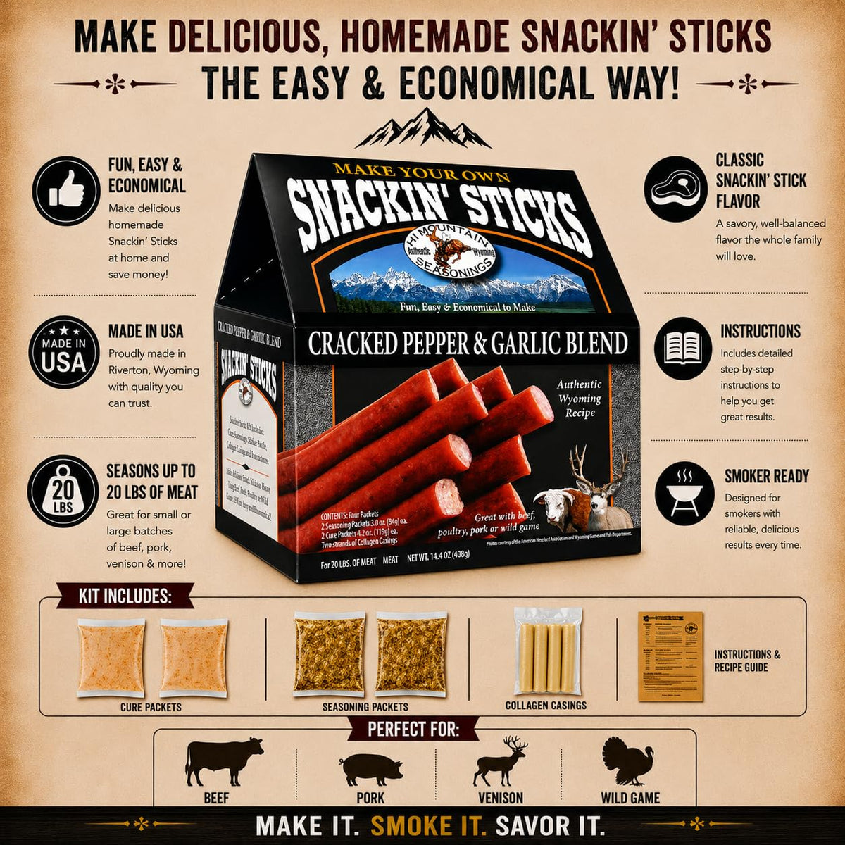 Hi Mountain Snack Stick Seasoning Kit | HUNTER'S BLEND | Makes 20 lbs