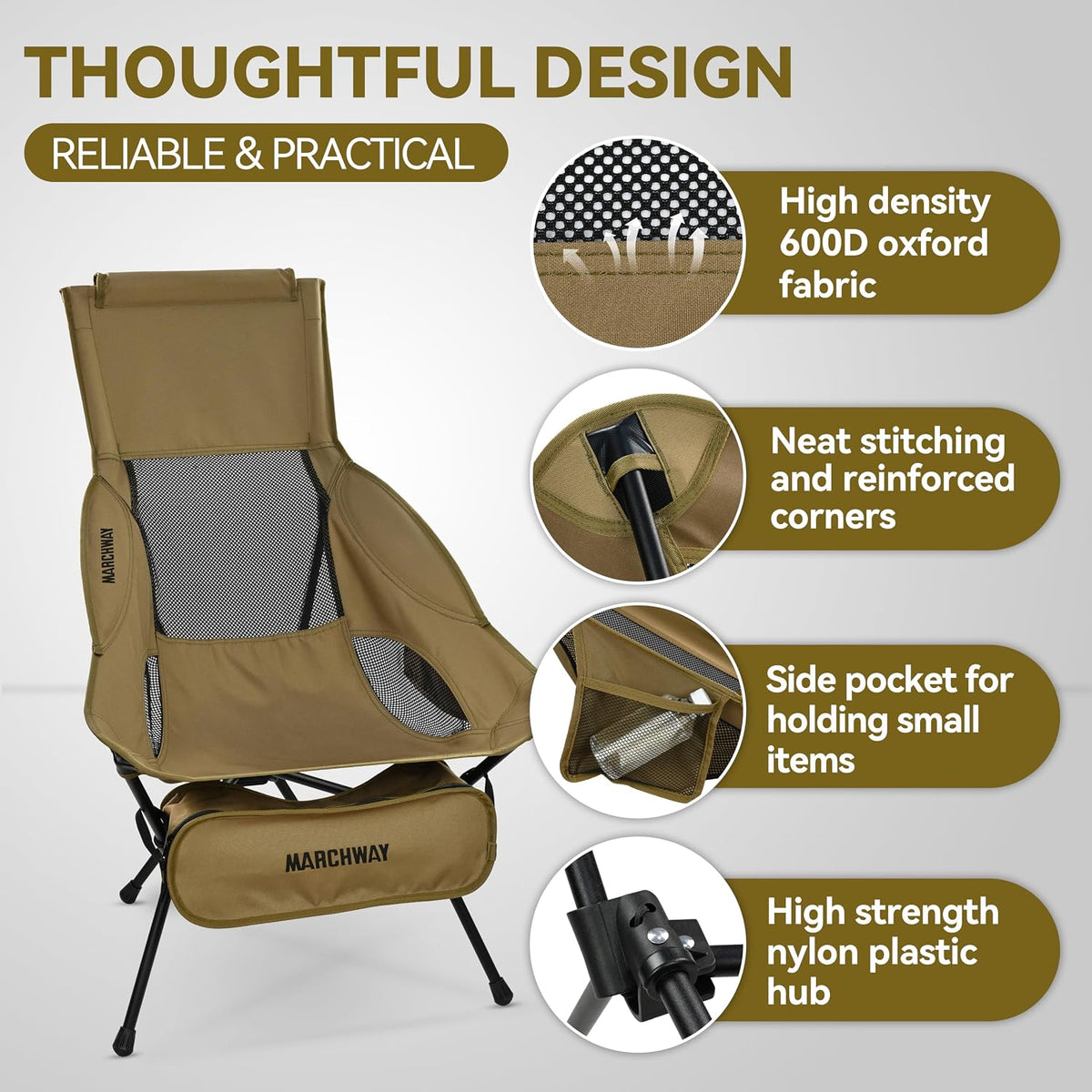 MARCHWAY Lightweight High Back Folding Camping Chair with Head Support